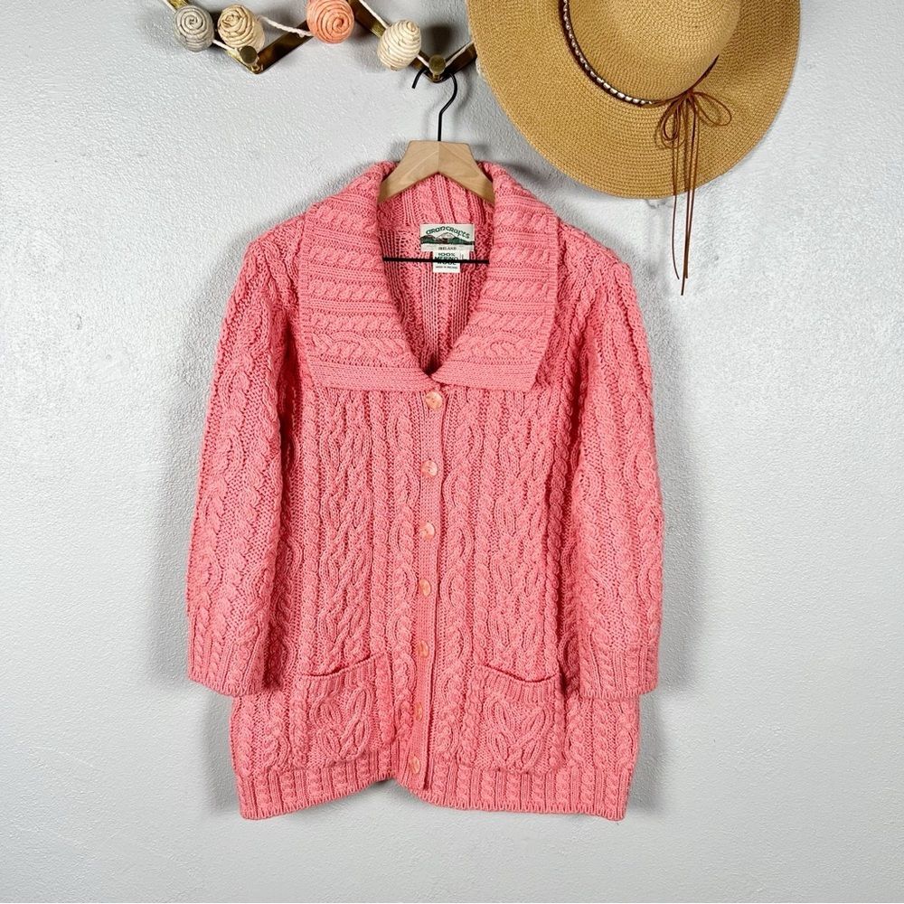 Aran Crafts Fisherman Cable Knit Merino Wool Cardigan Sweater Pink Large